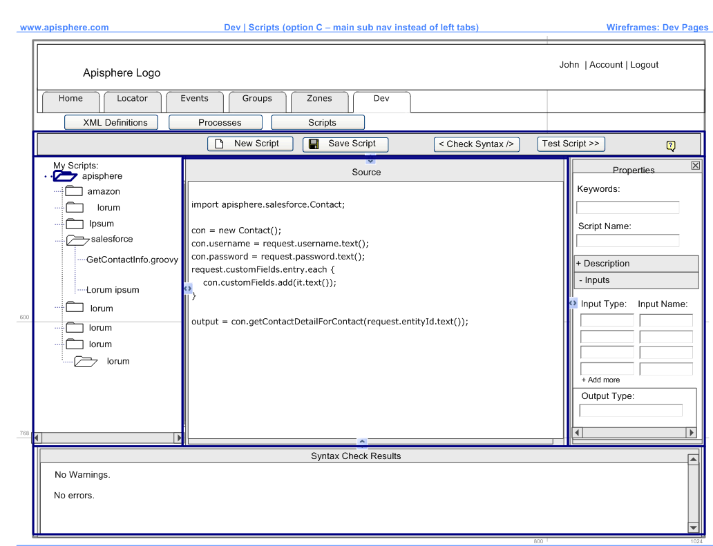 Wireframe for Apisphere Scripts IDE page