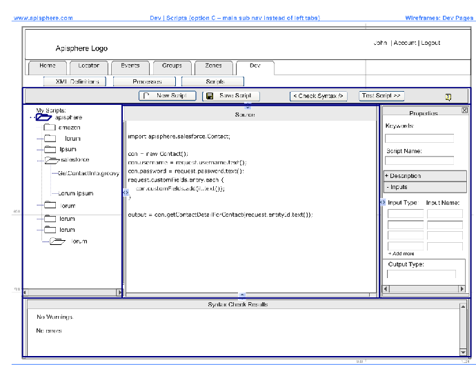 Wireframe for Apisphere Scripts IDE page