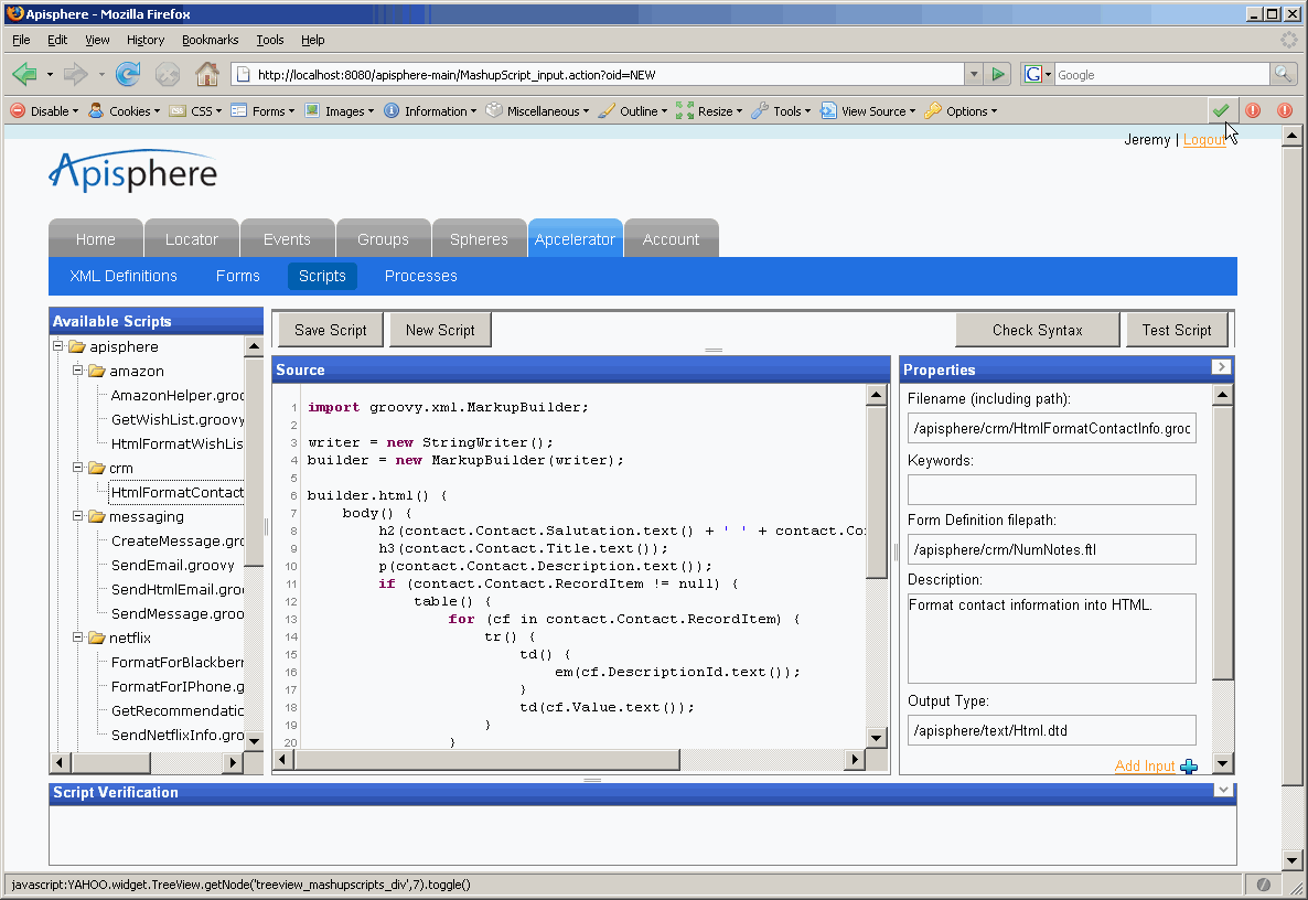Apisphere Scripts IDE page